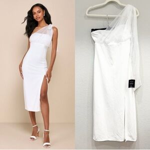Size M - NWT Lulus Elegant Indication Ivory‎ Mesh Pearl One-Shoulder Midi Dress